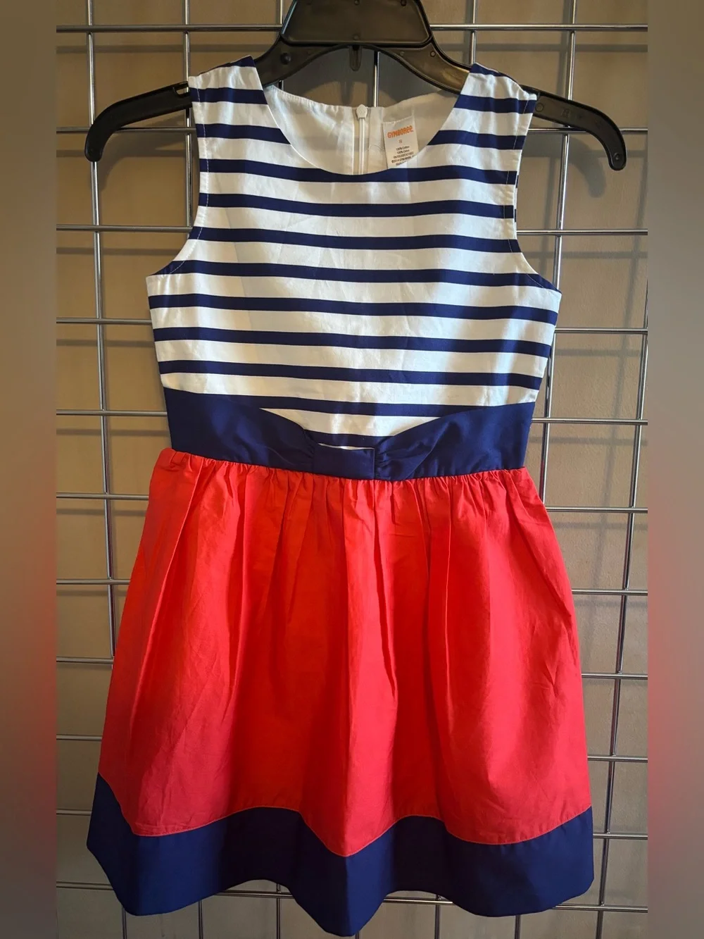 Gymboree Navy, White & Red Striped Waist-Bow Girls Dress Sz 8 Modest